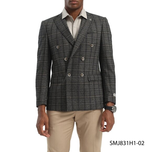 Brown Windowpane Double Breasted Peak Lapel Stacy Adams Men's Jacket - Picture 1 of 4